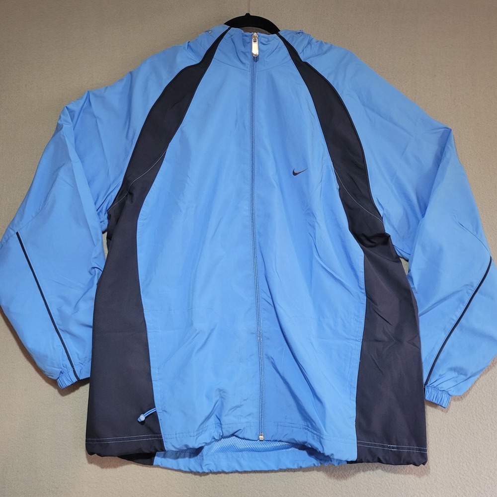Nike Mens XL Windbreaker Jacket Blue Colorblock Packable Hood Training NEW